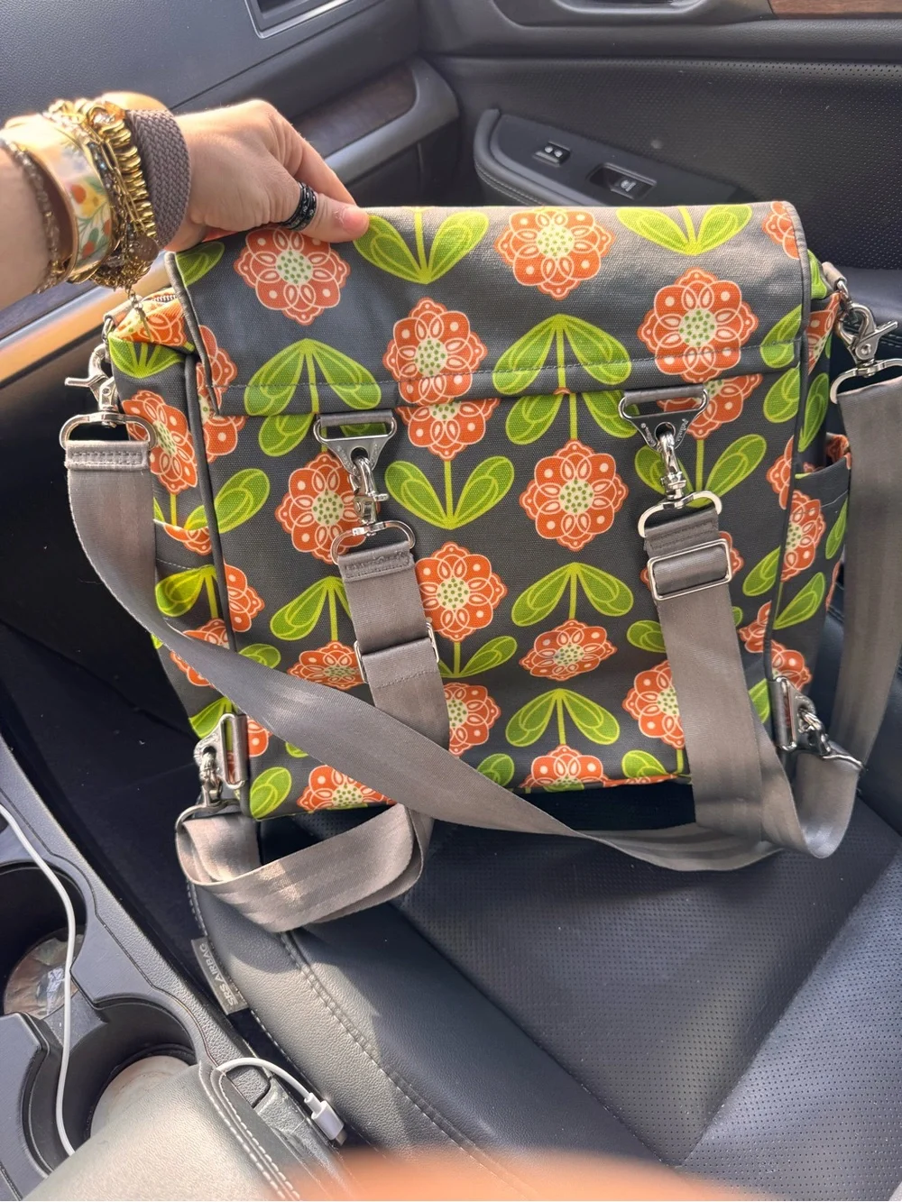 Petunia Pickle Bottom Boxy Backpack Gray Floral Diaper Bag - Excellent Condition